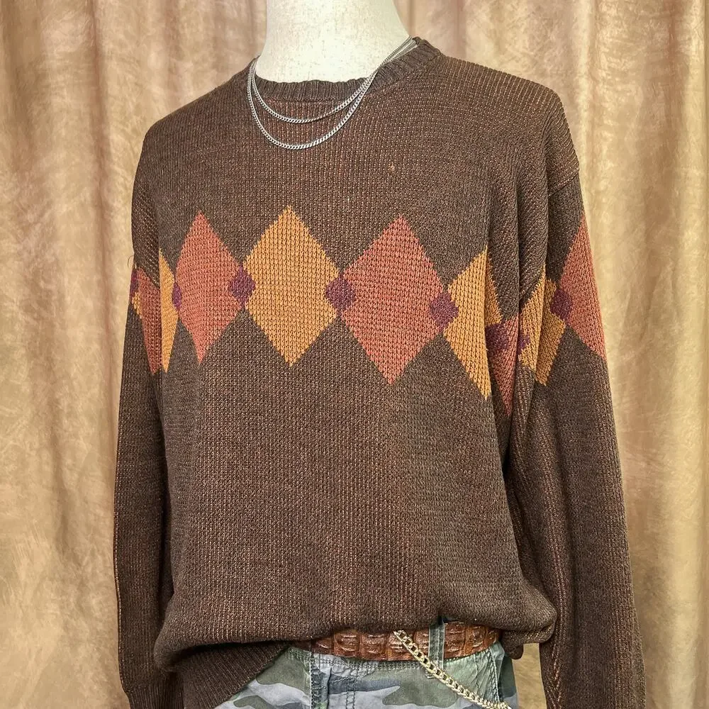 Vintage 90s Argyle Sweater Diamond Knit Brown Academia Cabincore Lodge Preppy